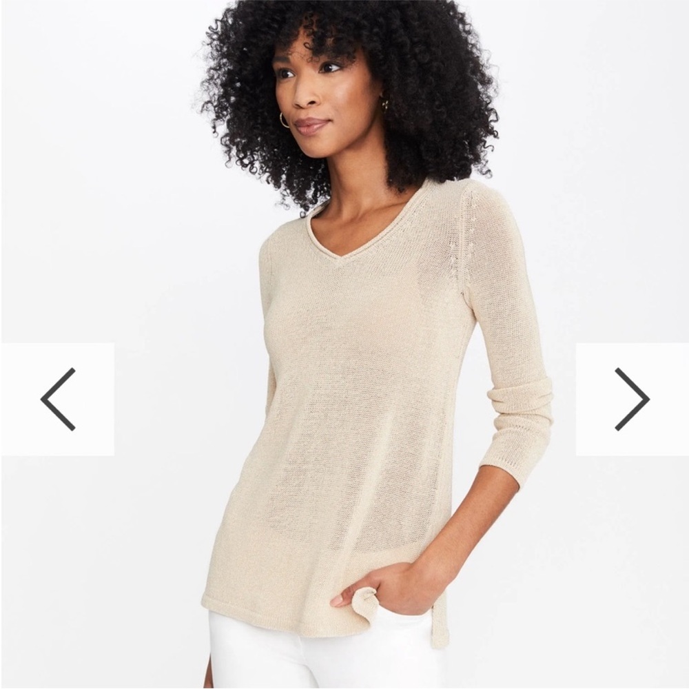 J. McLaughlin "Callum" Beige Tan Lightweight V-Neck Open Knit Sweater Classic - Picture 2 of 15